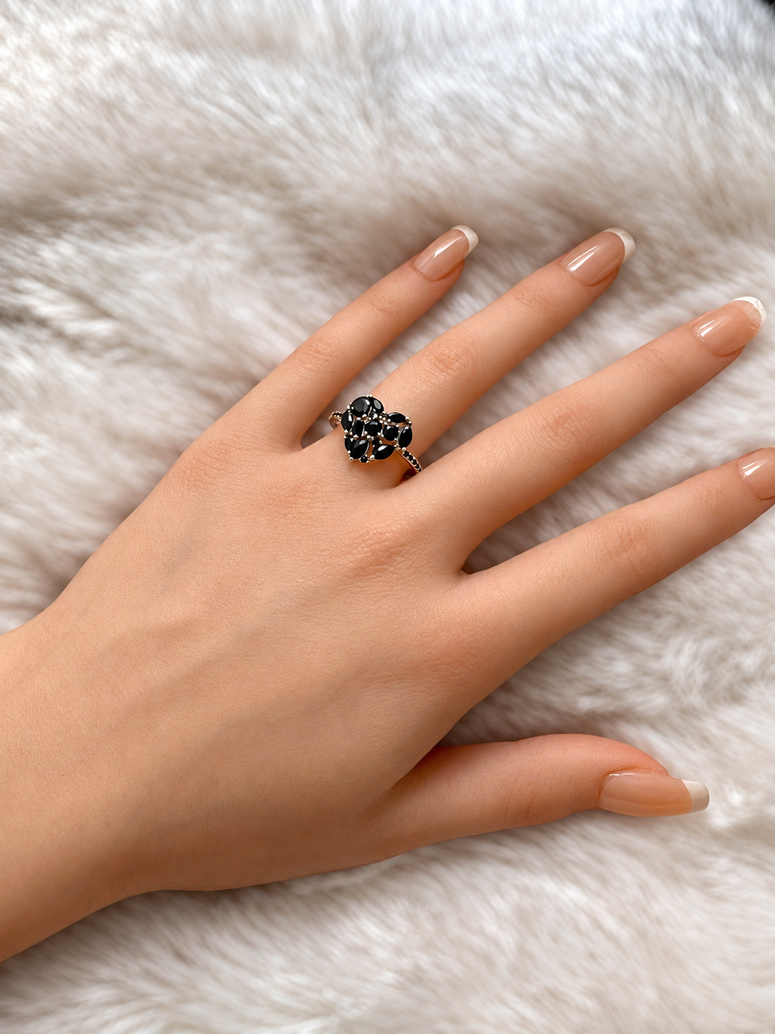 925 Sterling Silver Black Onyx Cluster Heart Ring on Rhodium or Rose Gold