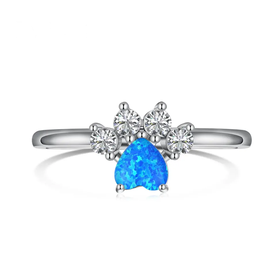 925 Sterling Silver Dog Cat Puppy Kitten Paw Ring - Blue Opal