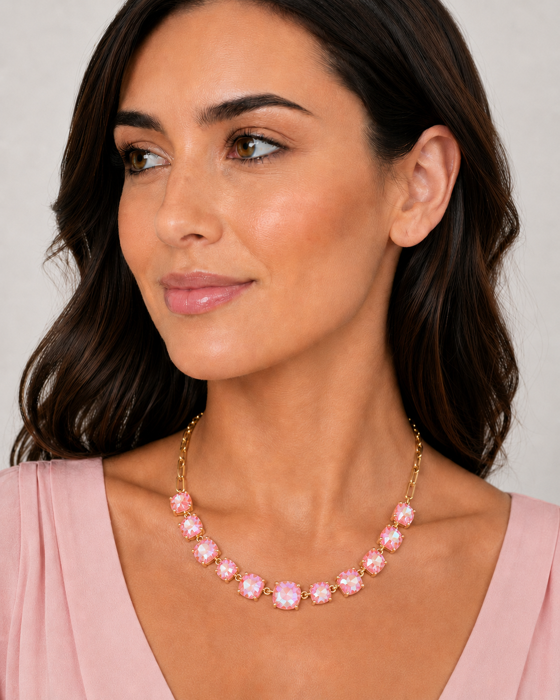 Blush Pink AB Crystal Chain Link Necklace - Durable Zinc Steel Design
