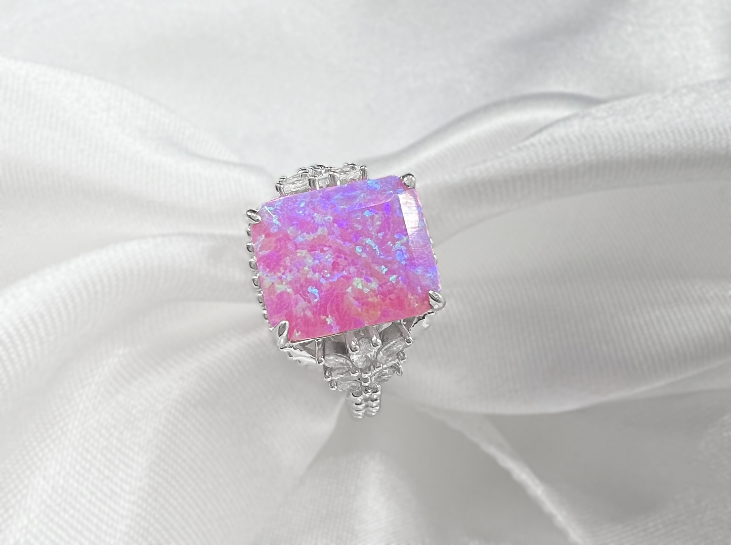 Bubble Gum Pink Fire Opal & CZ Beaded Shank 925 Sterling Silver Ring