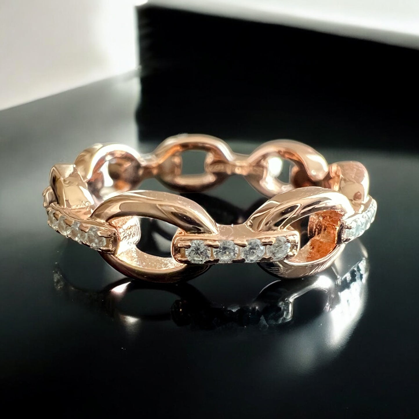 925 Sterling Silver Chain Link Diamond CZ Band (Rhodium or Rose Gold)