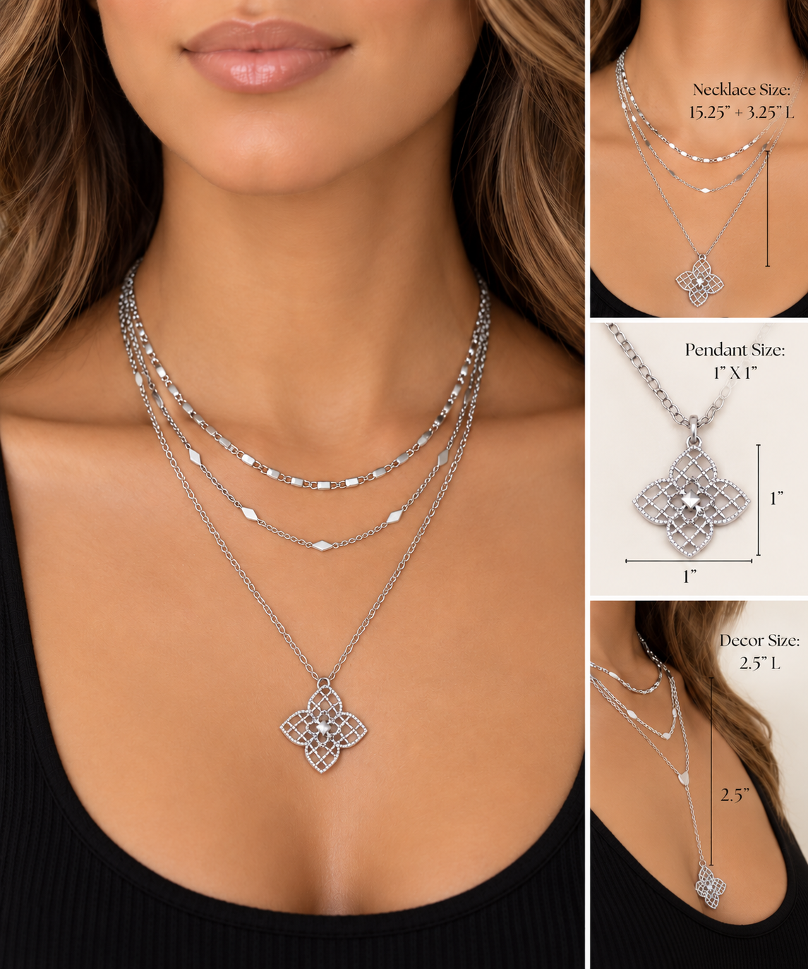 Clover Floral Pendant Triple Layered Chain Necklace