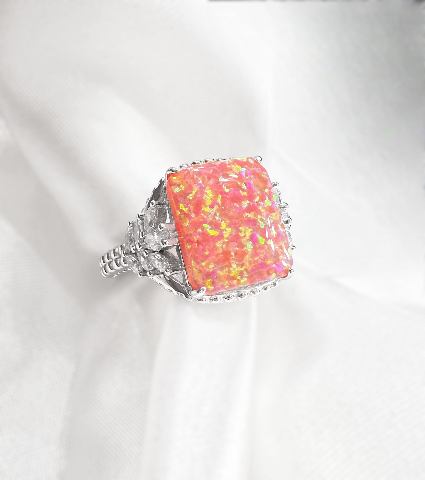 Salmon Pink Fire Opal & CZ Beaded Shank 925 Sterling Silver Ring
