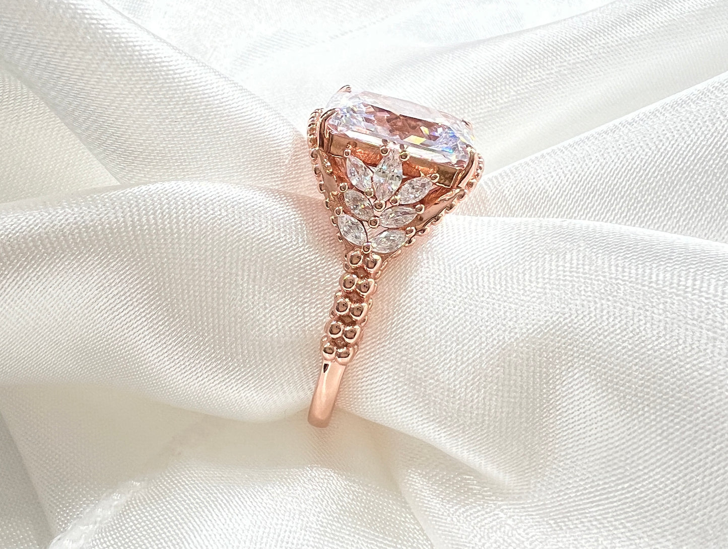 Diamond CZ Beaded Shank 925 Sterling Silver Ring on Rose Gold