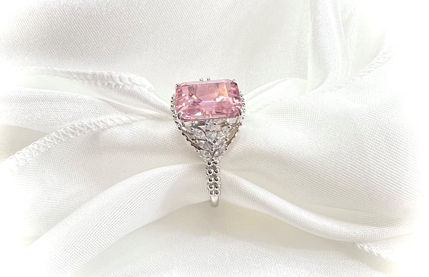 Emerald-Cut Pink CZ Beaded Shank 925 Sterling Silver Ring