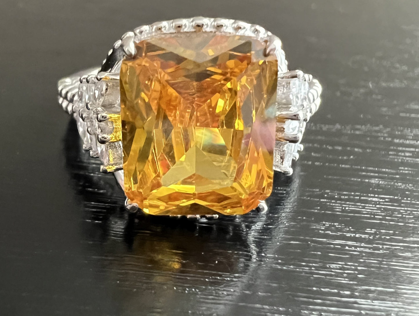 Emerald-Cut Golden Yellow CZ Beaded Shank 925 Sterling Silver Ring