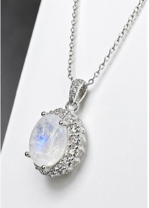 Genuine White Moonstone Oval Halo Necklace