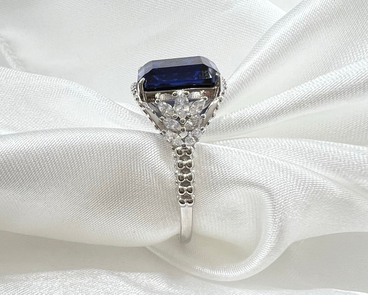*PRE-ORDER - Emerald-Cut Blue Sapphire CZ Beaded Shank 925 Sterling Silver Ring
