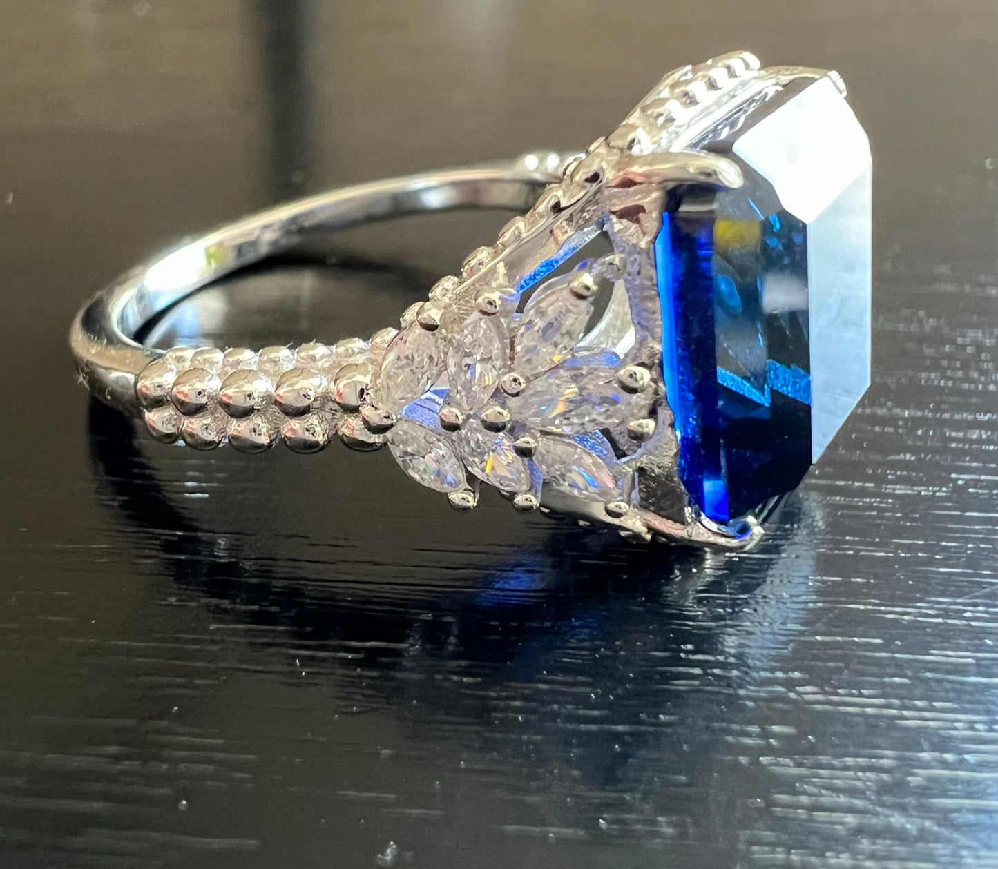 *PRE-ORDER - Emerald-Cut Blue Sapphire CZ Beaded Shank 925 Sterling Silver Ring