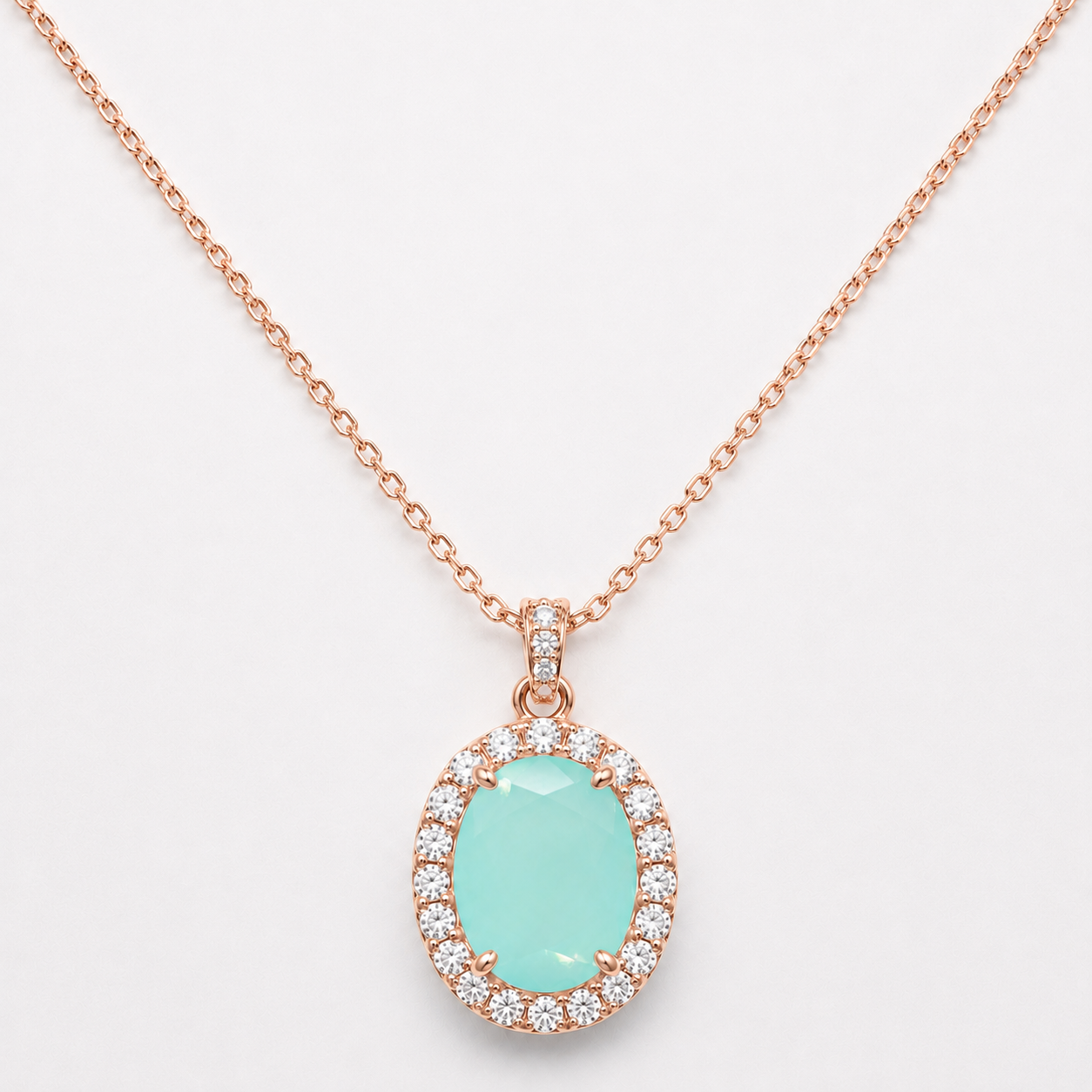 Milky Aqua Oval Halo Necklace (Choose your plating)