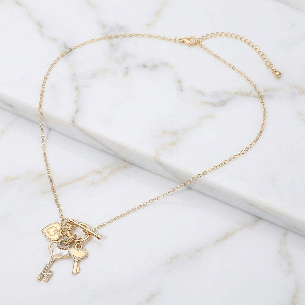 Mother of Pearl Inspired Key & Heart Charm Toggle Necklace
