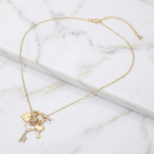 Mother of Pearl Inspired Key & Heart Charm Toggle Necklace