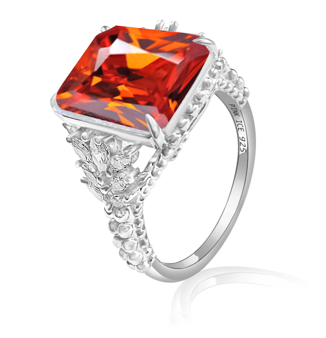 Orange CZ Beaded Shank 925 Sterling Silver Ring