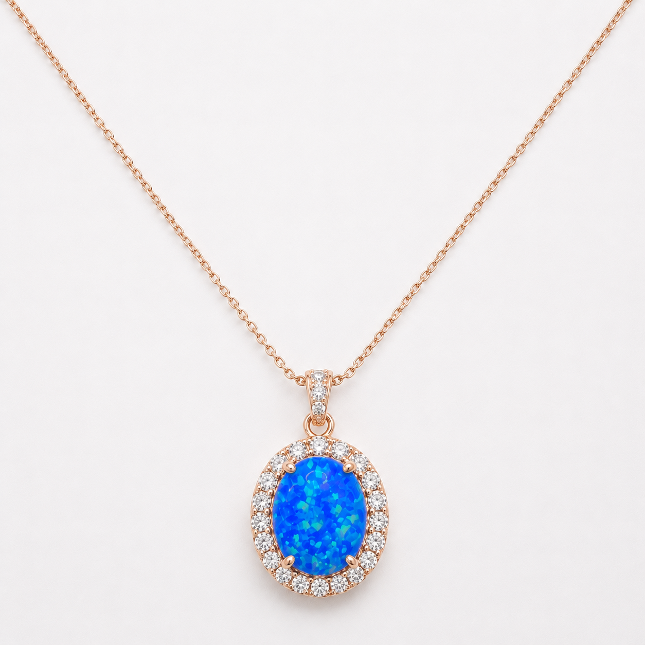 Oval Cut Blue Fire Opal Halo Pendant Necklace (Rhodium or Rose Gold)