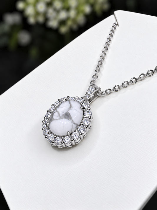 Genuine White Howlite Oval Halo Necklace (Choose your plating)