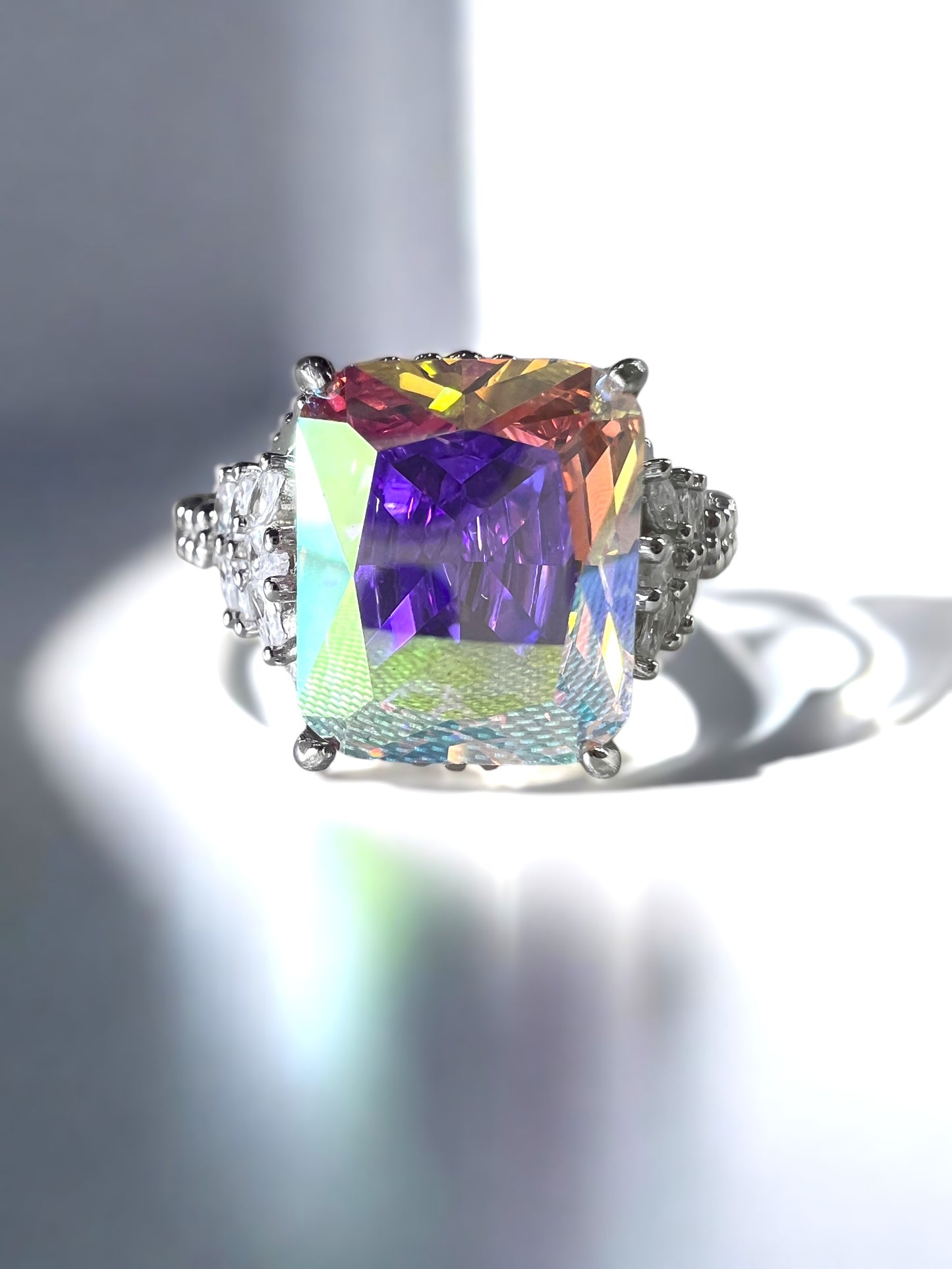 925 Sterling Silver AB CZ (Aurora Borealis) Beaded Shank Ring