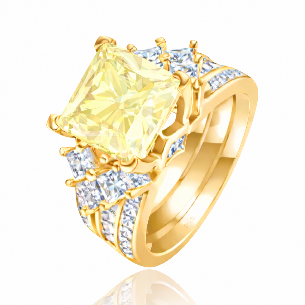 *PRE-ORDER - 925 Sterling Silver Princess Cut, Tri-Band Lemon Yellow CZ Ring ( Choose your plating)