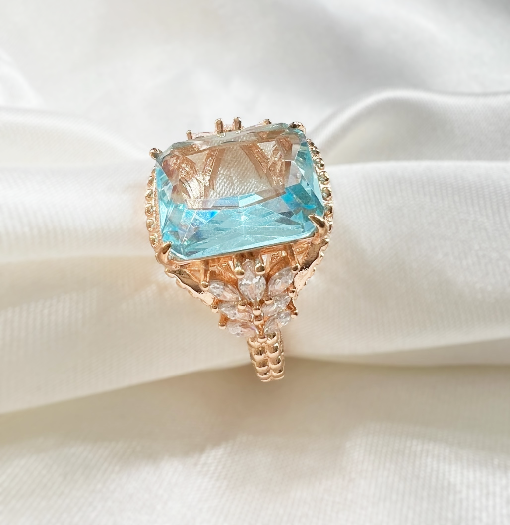 925 Sterling Silver Sea Foam Crystal Beaded Shank Ring on Rose Gold