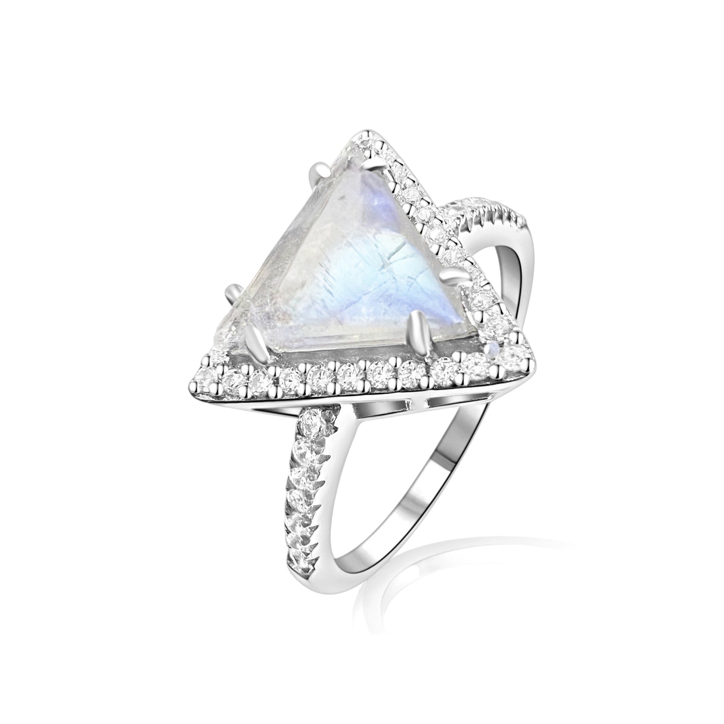 925 Sterling Silver Genuine White Rainbow Moonstone Triangle Ring