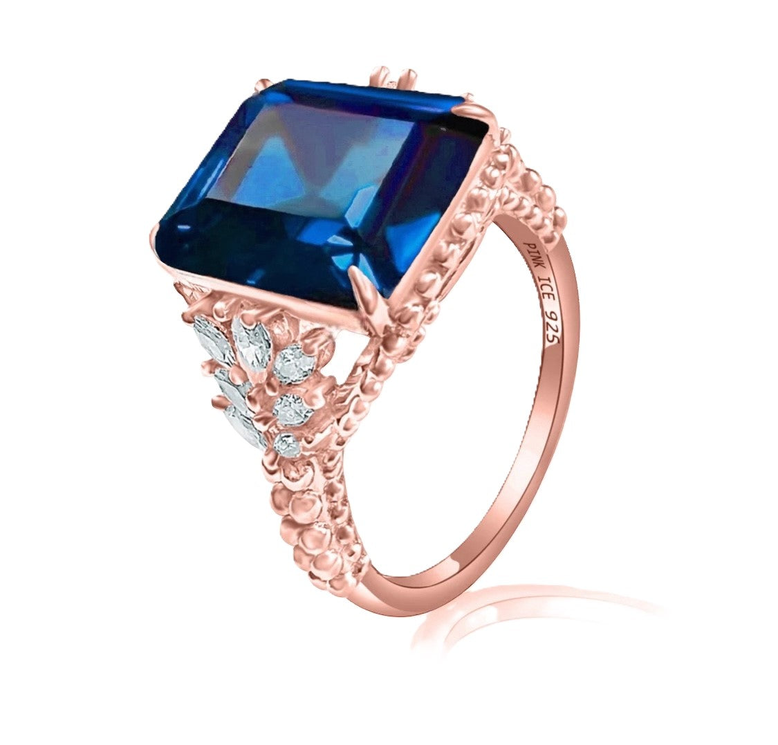 *PRE-ORDER - Emerald-Cut Blue Sapphire CZ Beaded Shank 925 Sterling Silver Ring