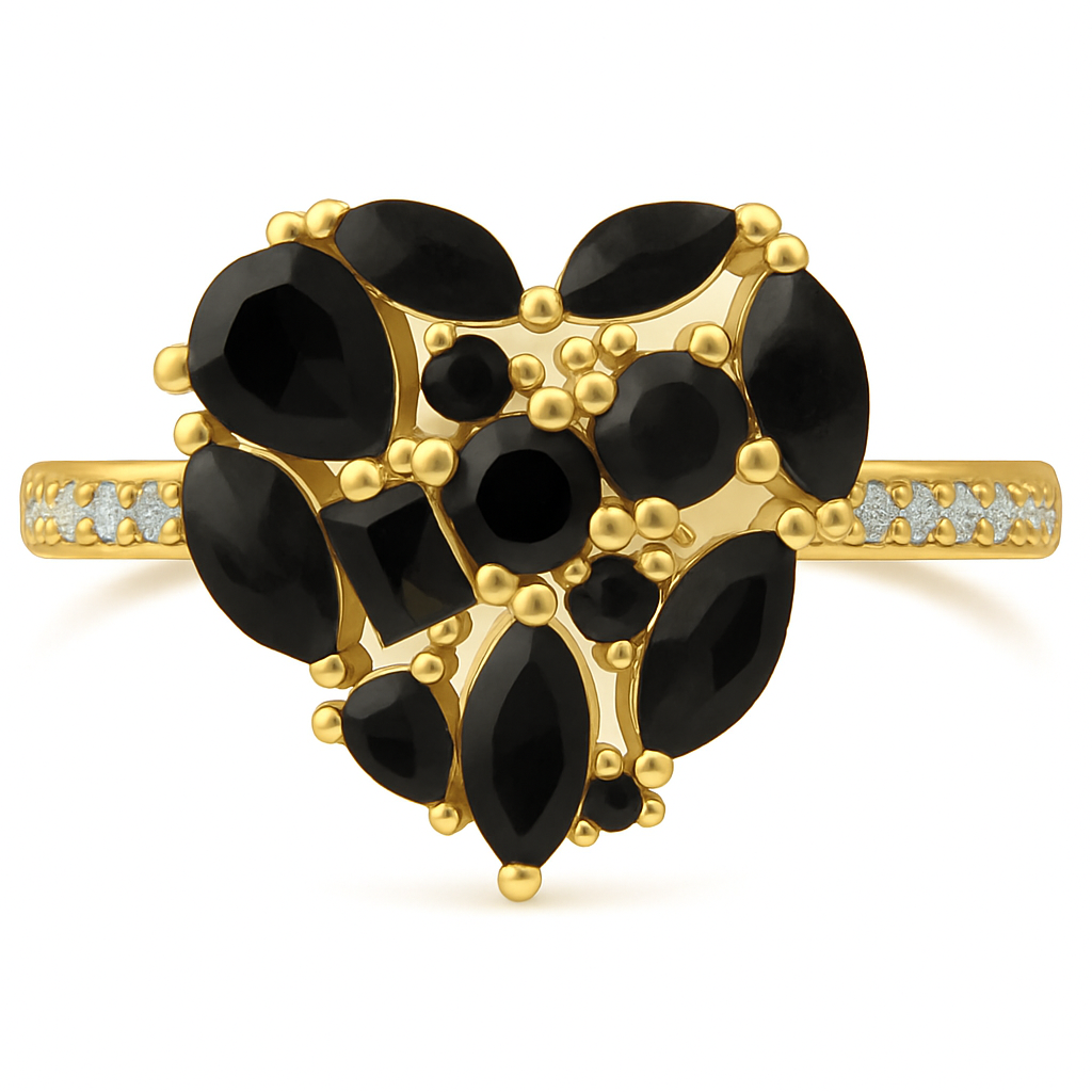 Pre-Order - 925 Sterling Silver Black Onyx Cluster Heart Ring (Choose your plating)