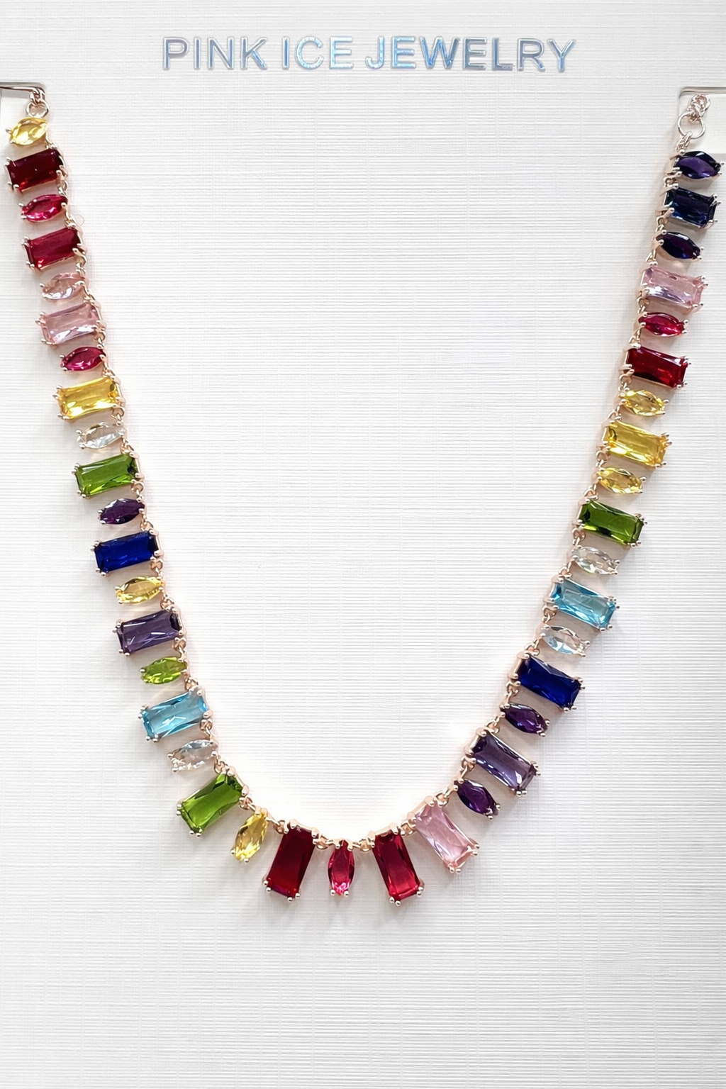 Rainbow Baguette & Marquise Cut Gemstone Necklace on Rose Gold