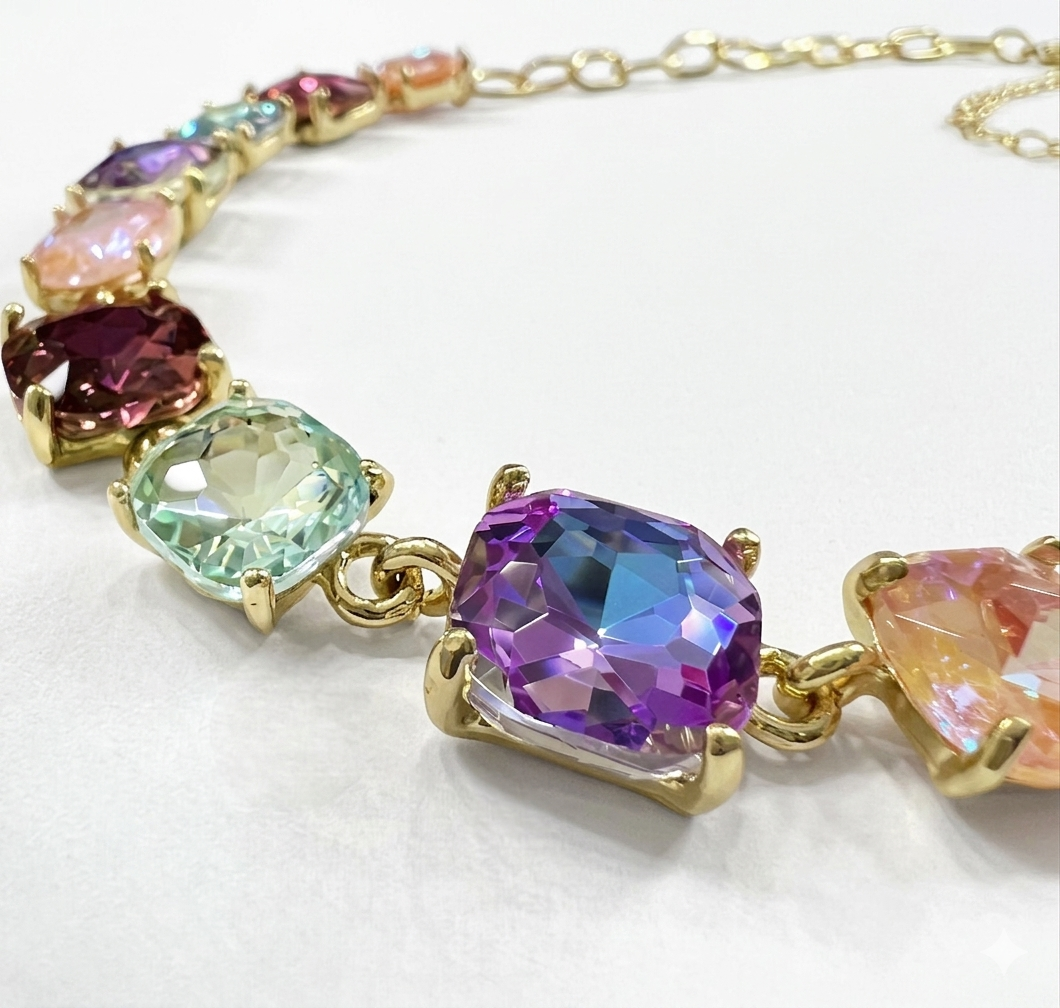 Rainbow Luxe Cushion-Cut Statement Chain Link Necklace - Durable Zinc Steel Design