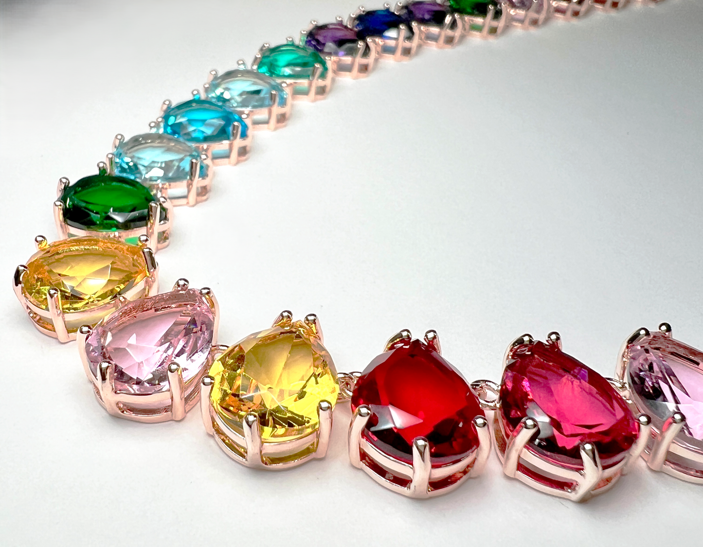 Rainbow Pear-Cut Gemstone Statement Necklace on Rose Gold