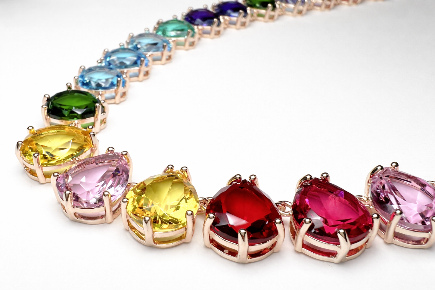 Rainbow Pear-Cut Gemstone Statement Necklace on Rose Gold