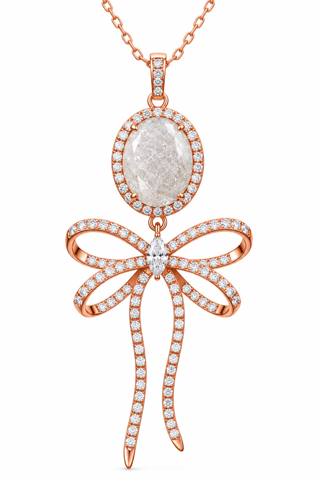 925 Sterling Silver White Ice Bow Tie Necklace on Rose Gold