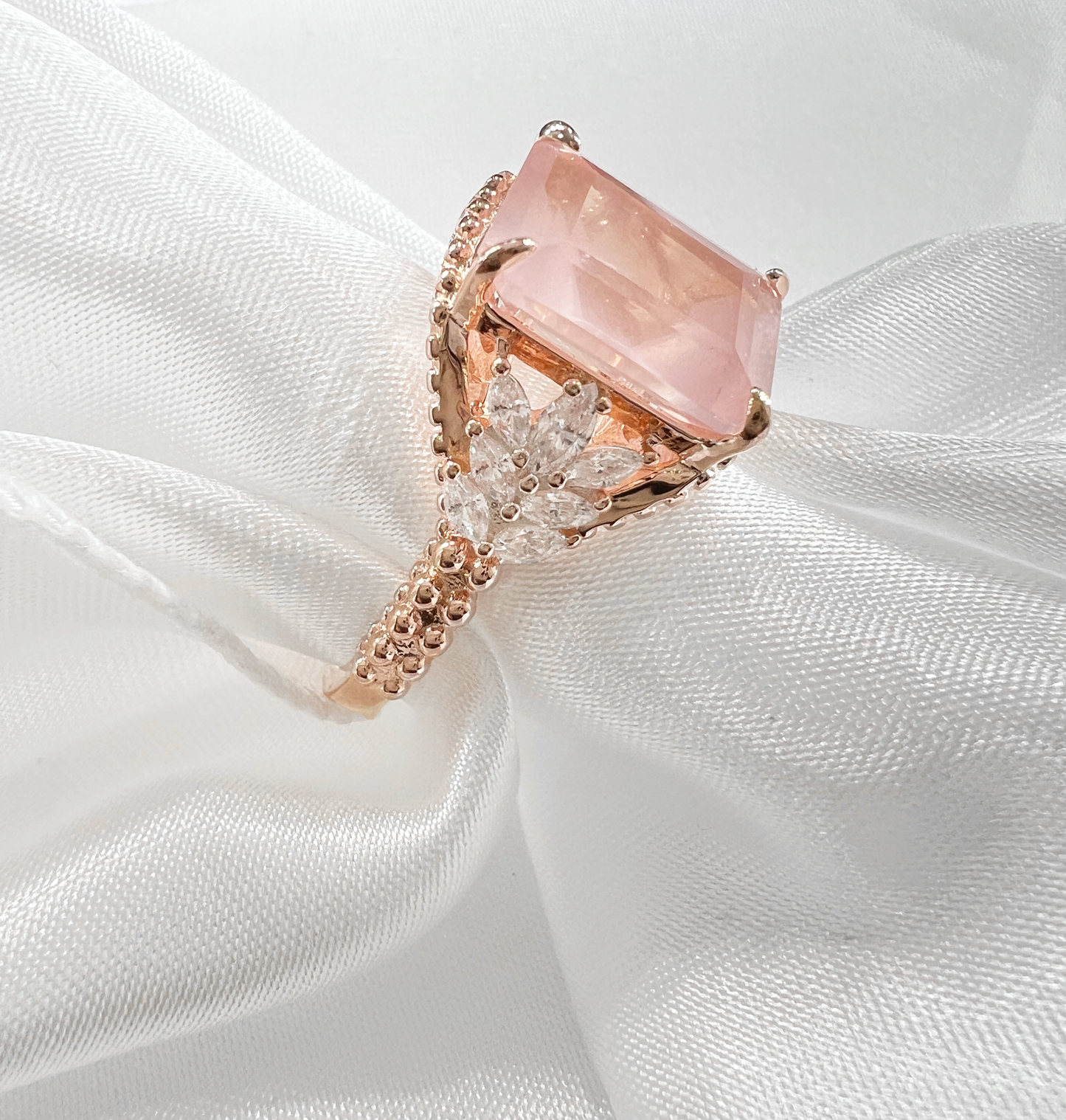 Genuine Rose Quartz Beaded Shank 925 Sterling Silver Ring in Rose Gold