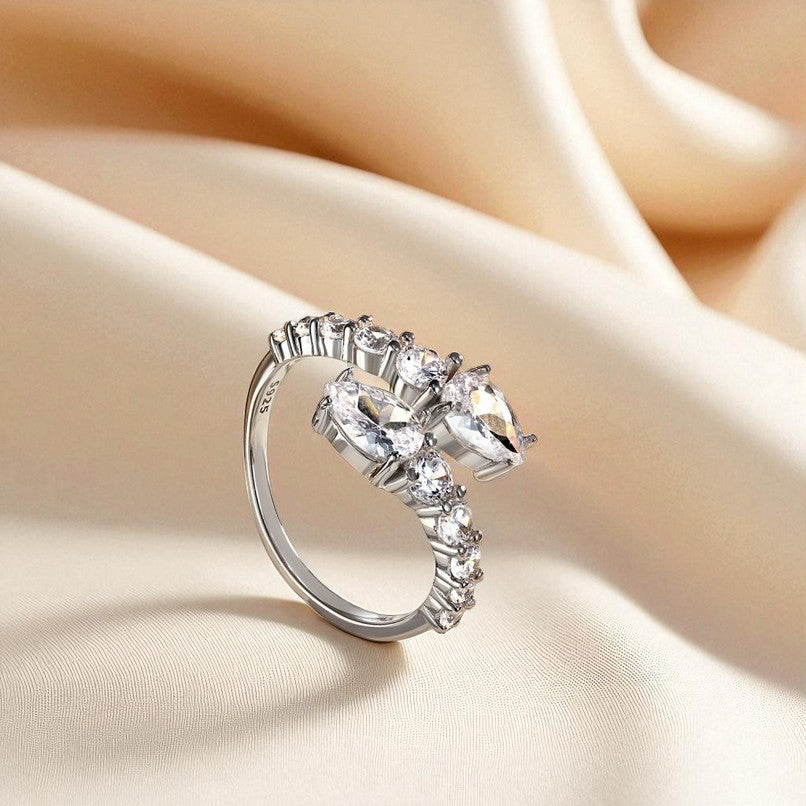Sterling Silver Diamond Cubic Zirconia Bypass Adjustable Ring