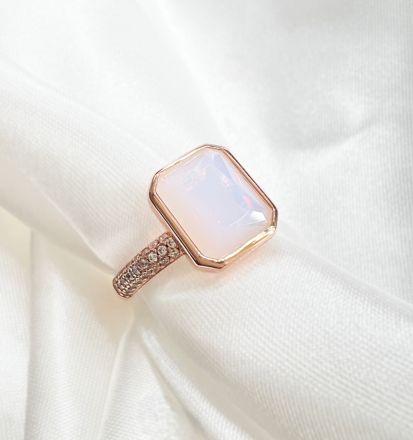 925 Sterling Silver White Moonstone Bezel Ring on Rose Gold