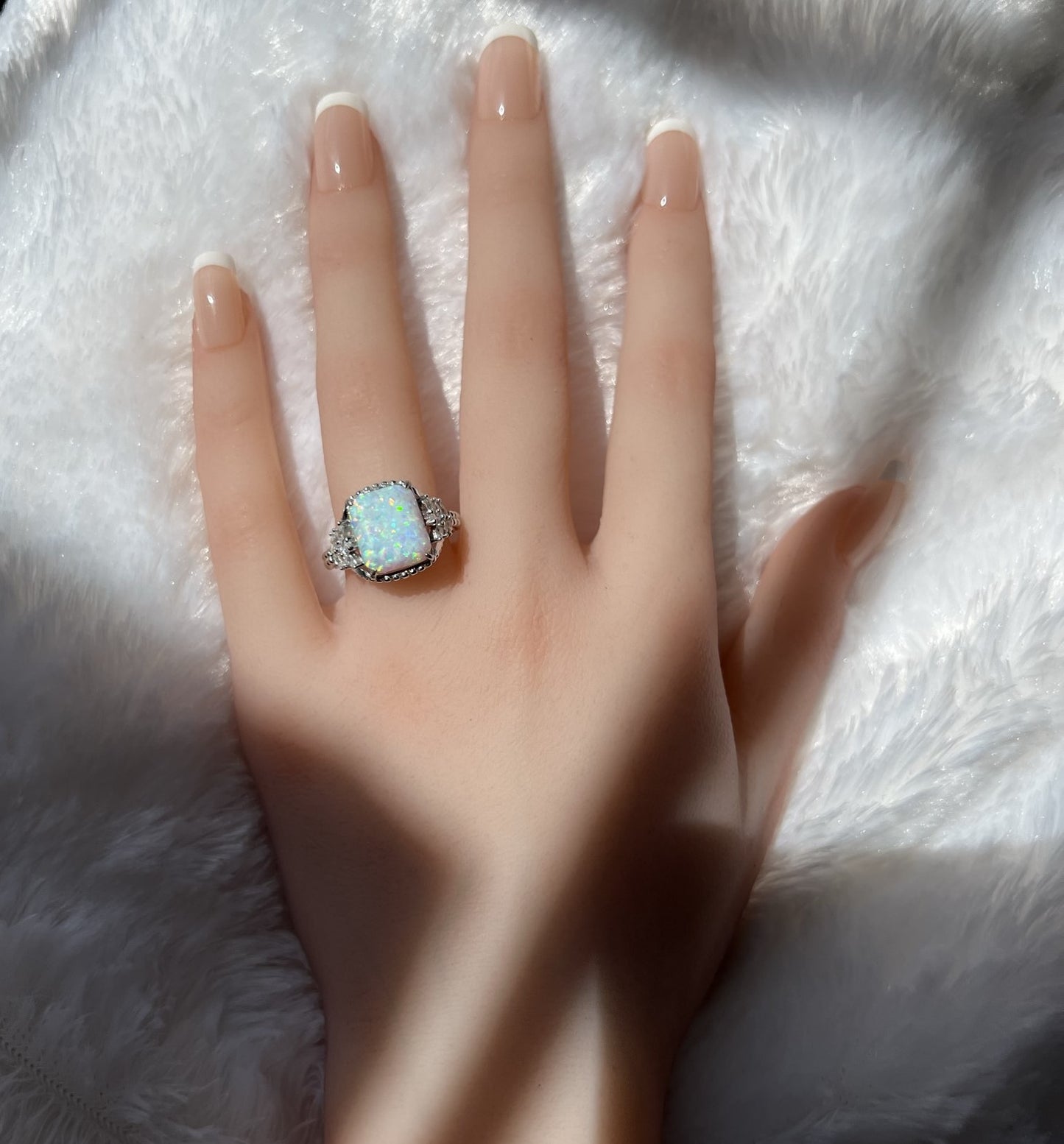 White Fire Opal & CZ Beaded Shank 925 Sterling Silver Ring