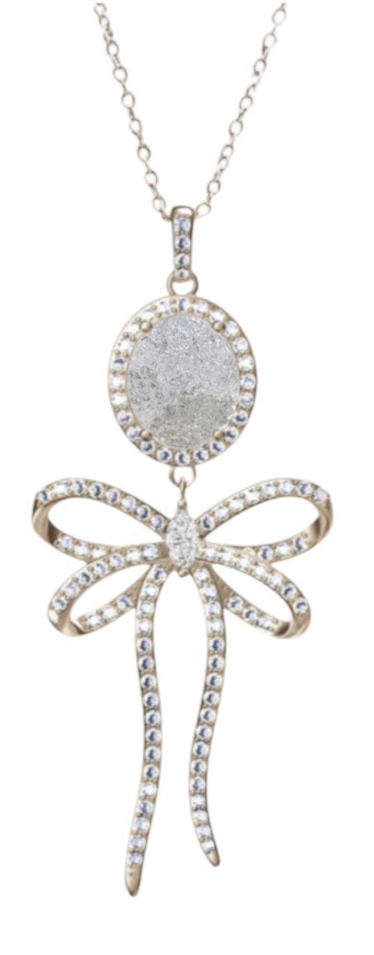 925 Sterling Silver White Ice Bow Tie Necklace on Rose Gold