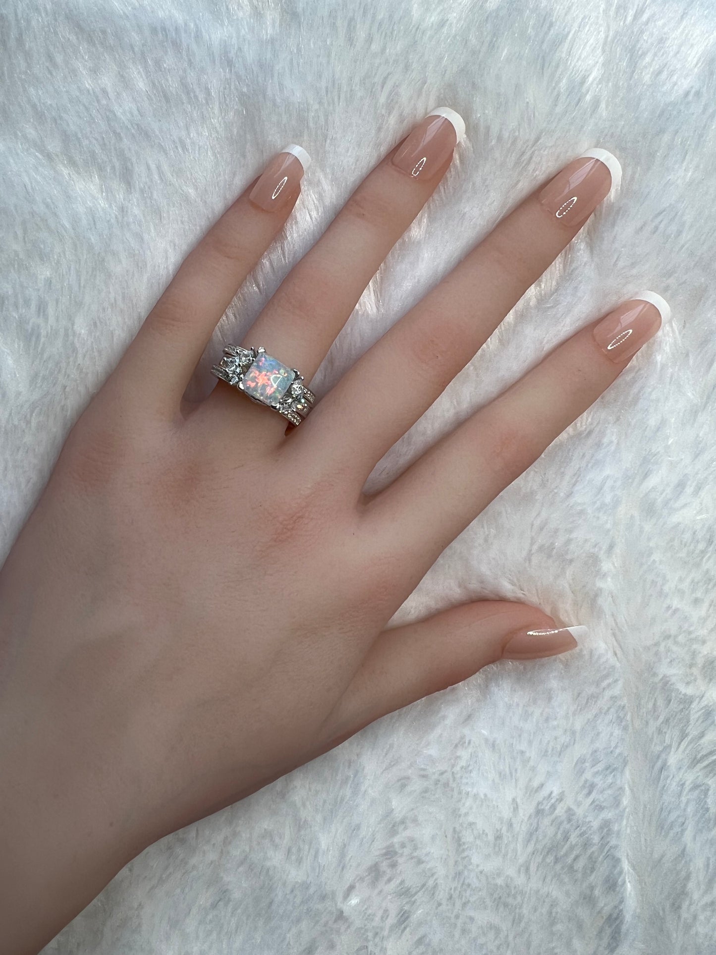 925 Sterling Silver Princess Cut, White Crystal Opal & Clear CZ Tri-Band Ring