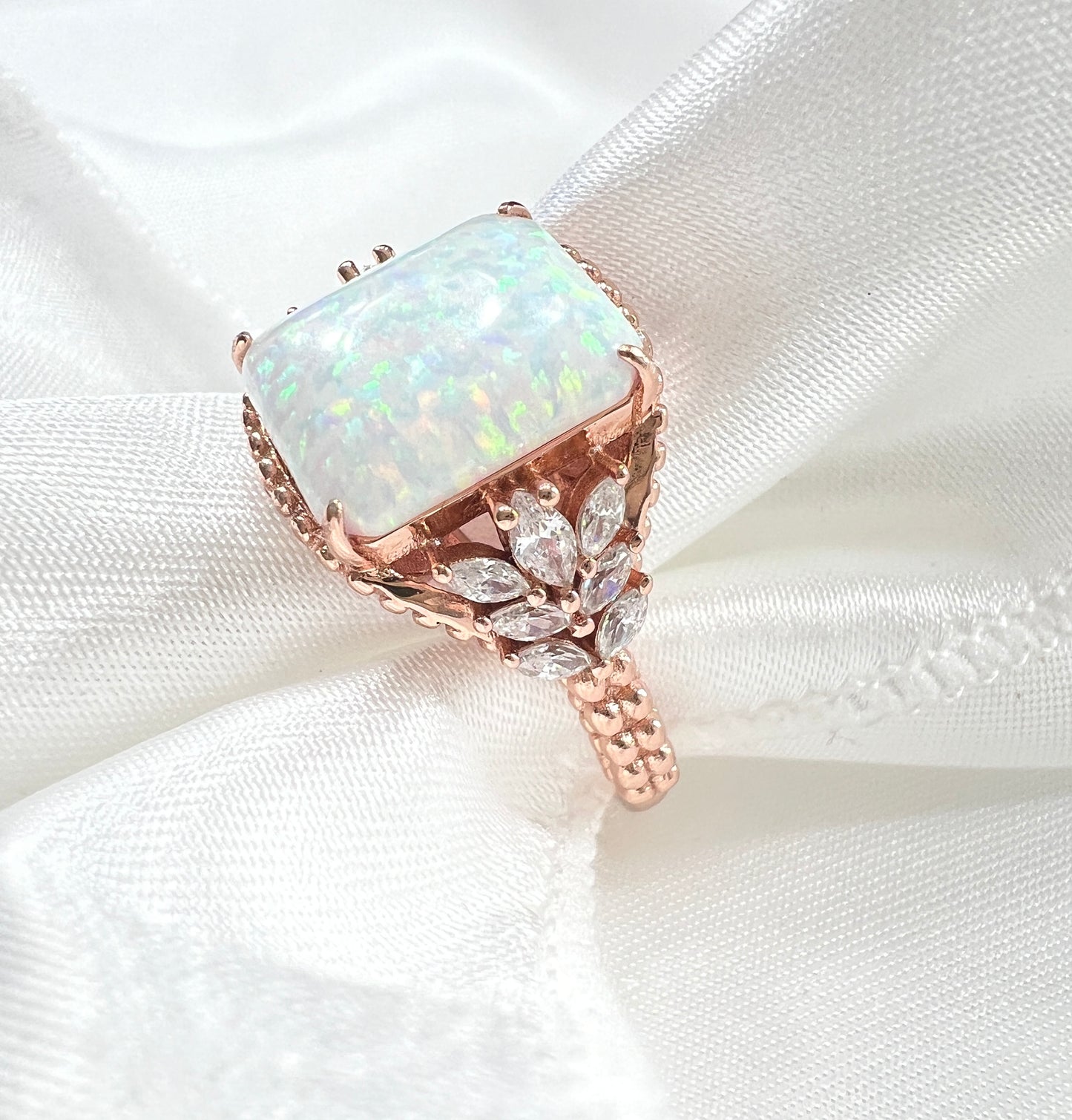 White Fire Opal & CZ Beaded Shank 925 Sterling Silver Ring - Rose Gold