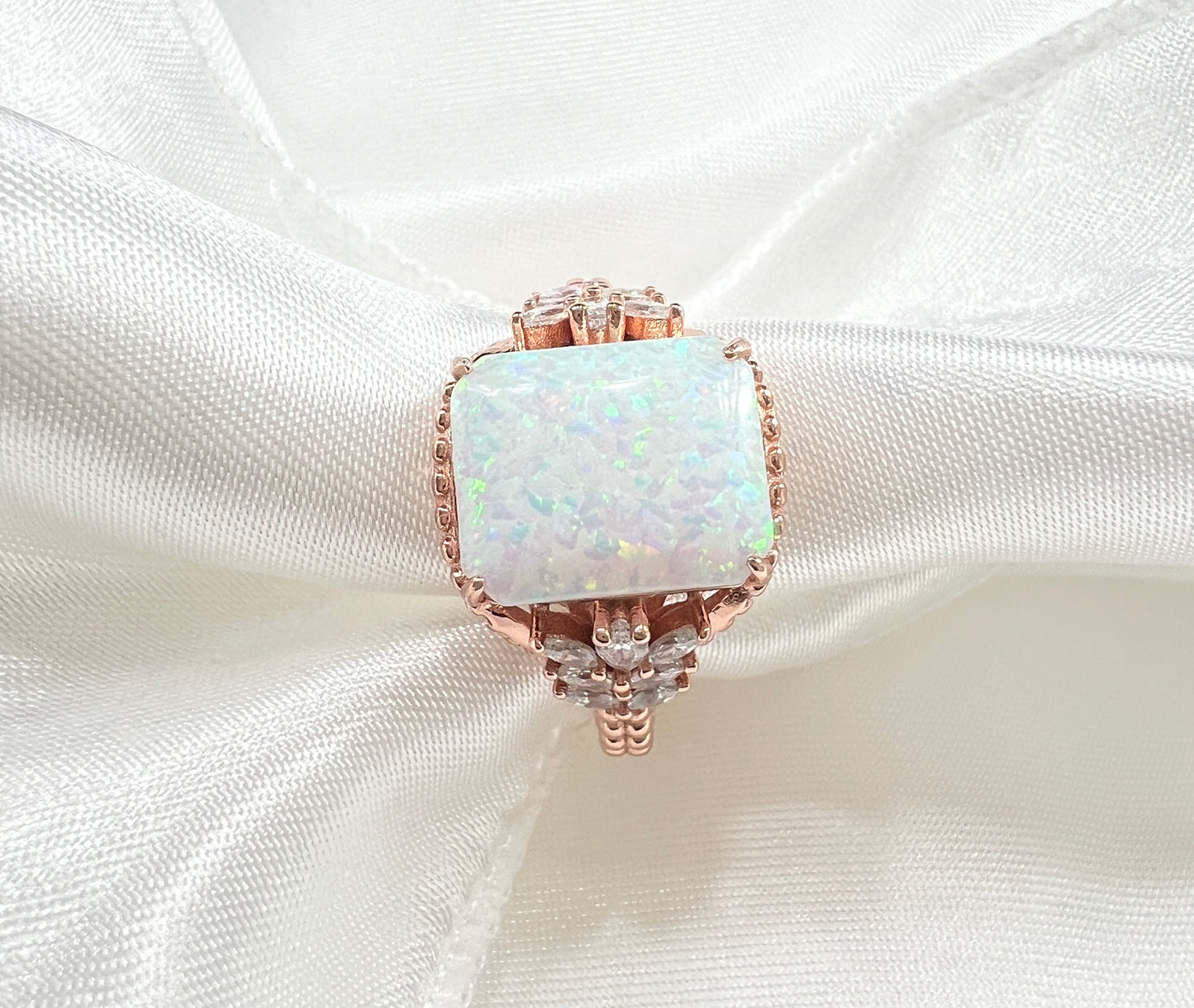 White Fire Opal & CZ Beaded Shank 925 Sterling Silver Ring - Rose Gold
