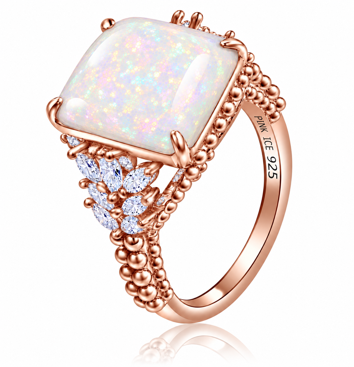 *PRE-ORDER - Simulated White Fire Opal & CZ Beaded Shank 925 Sterling Silver Ring - Rose Gold