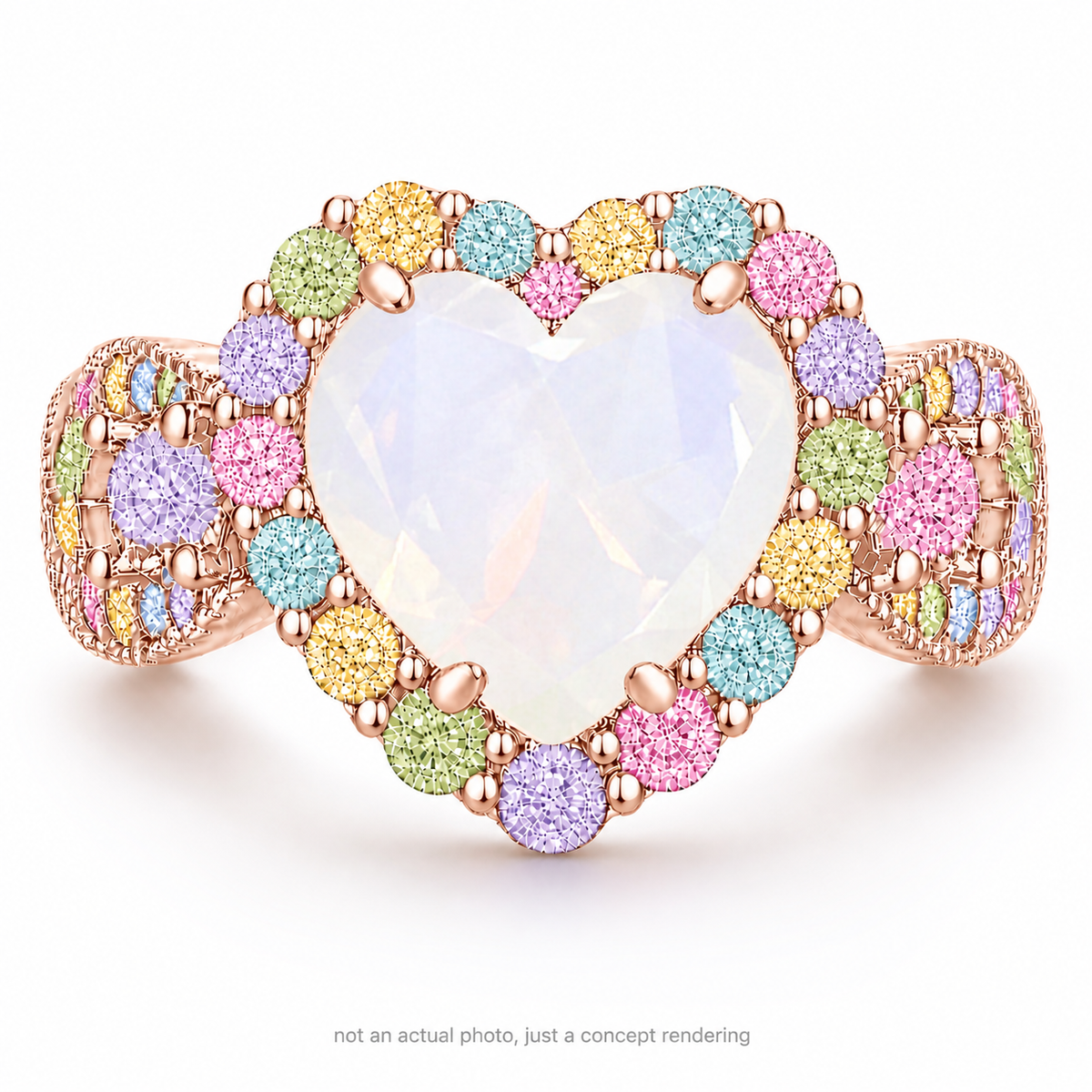 Multicolor White Moonstone Halo Heart Ring