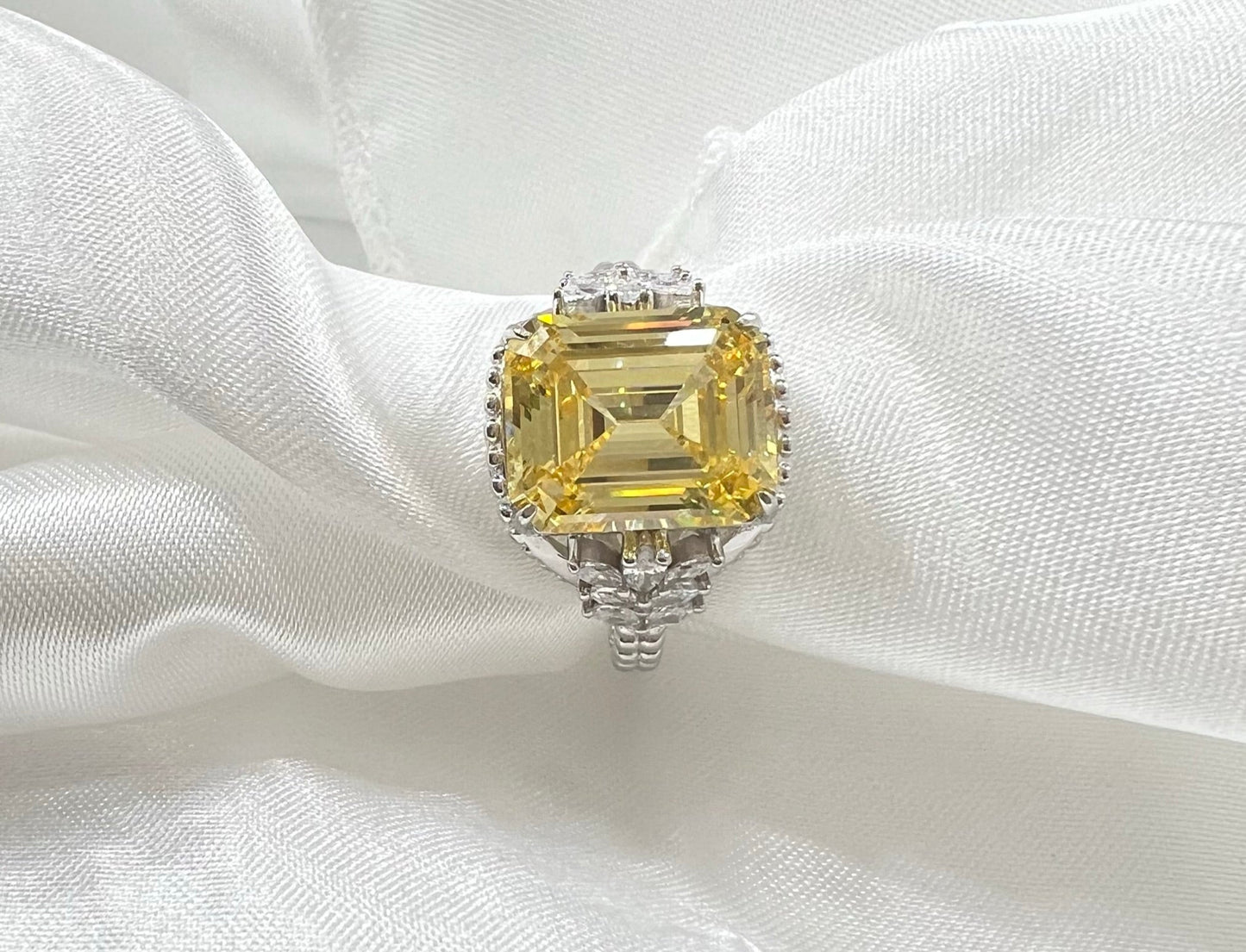 *PRE-ORDER - Emerald-Cut Yellow CZ Beaded Shank 925 Sterling Silver Ring