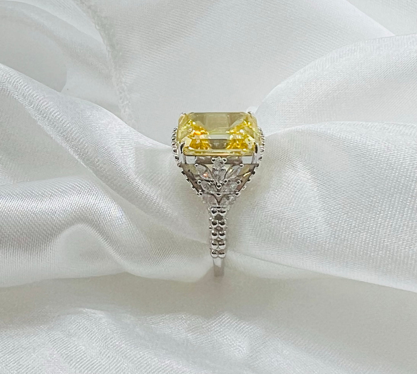 Emerald-Cut Yellow CZ Beaded Shank 925 Sterling Silver Ring