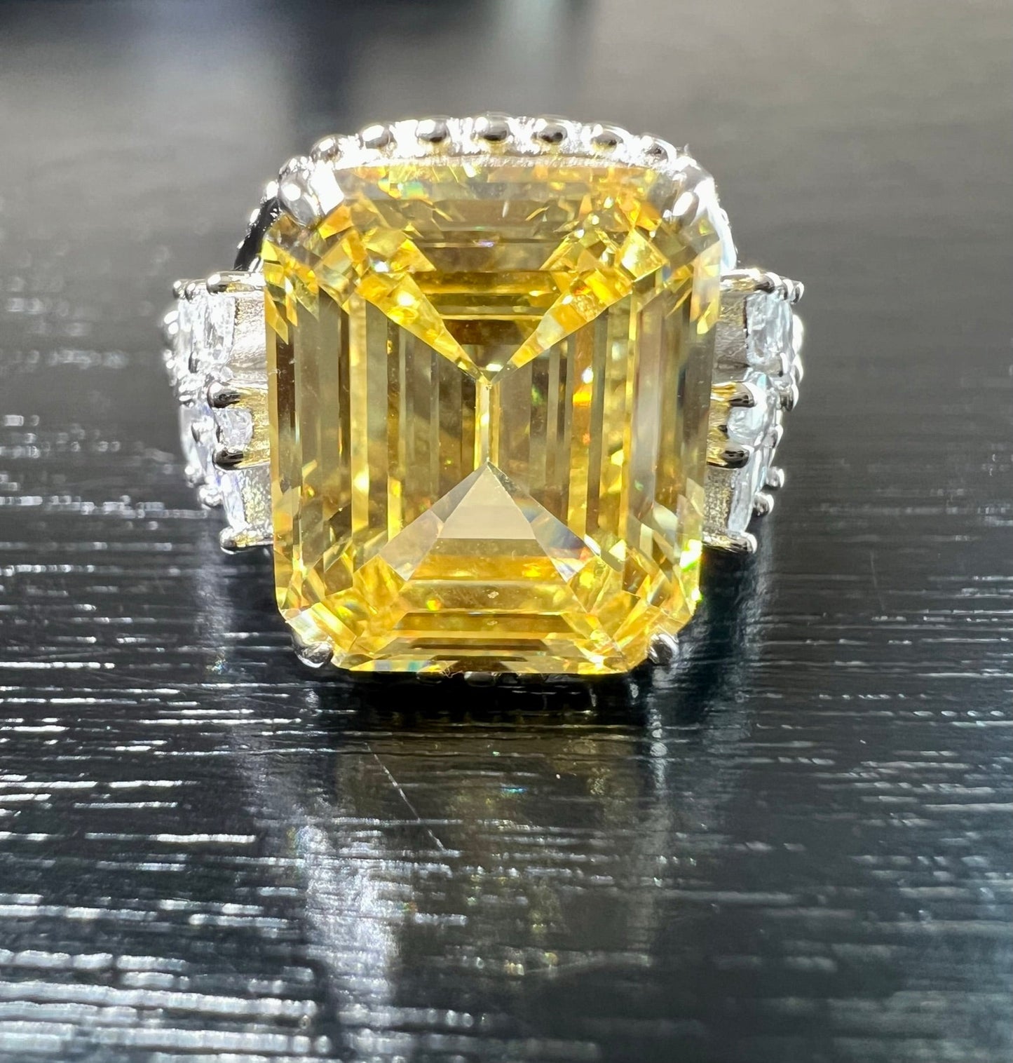 *PRE-ORDER - Emerald-Cut Yellow CZ Beaded Shank 925 Sterling Silver Ring