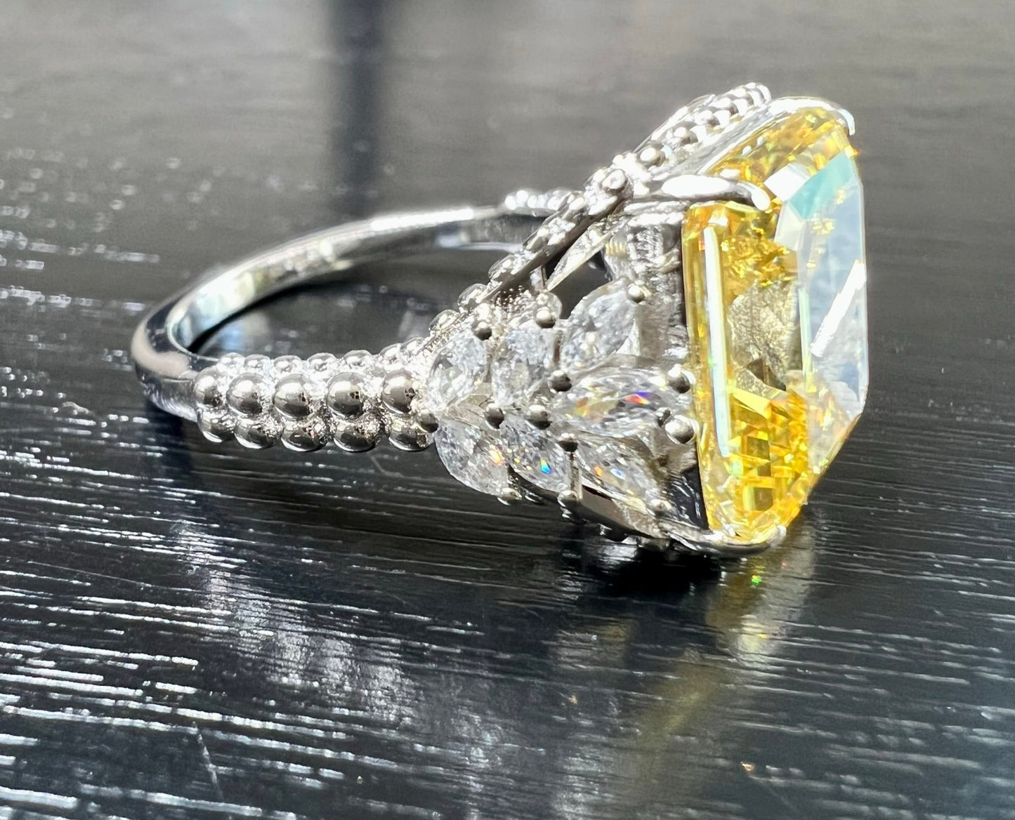 *PRE-ORDER - Emerald-Cut Yellow CZ Beaded Shank 925 Sterling Silver Ring
