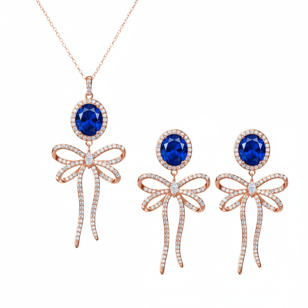 PRE-ORDER - 925 Sterling Silver Bow Tie Necklace & Earrings Set (Choose your Stone Color)