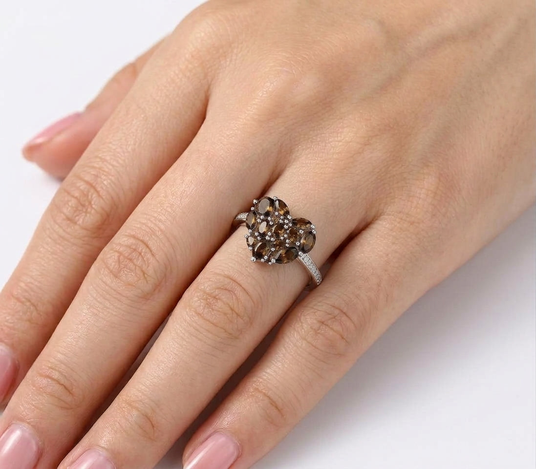 PRE-ORDER - 925 Sterling Silver Coffee CZ Cluster Heart Ring