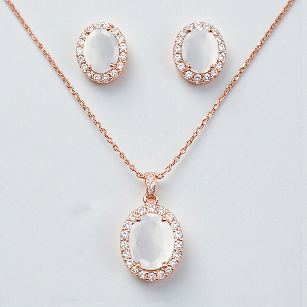 Oval Cut Milky White Crystal Neclace & Earrings Jewelry Set (Choose your plating)