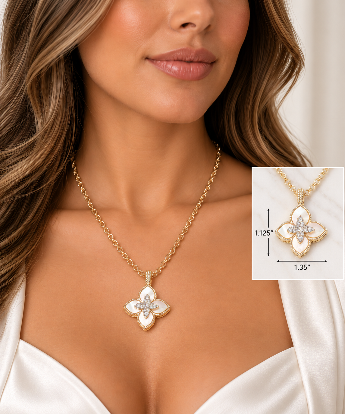 14K Gold Plated Pearlescent Clover CZ Pendant Necklace