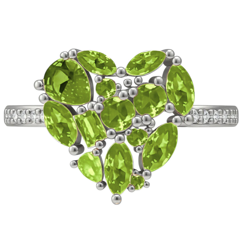 925 Sterling Silver Peridot CZ Cluster Heart Ring