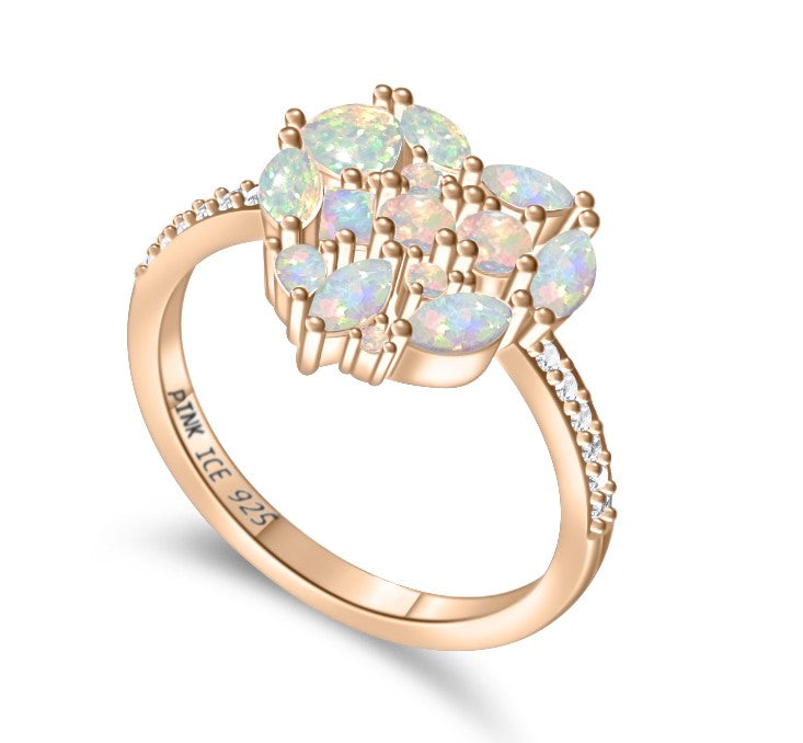 925 Sterling Silver White Fire Opal & Diamond CZ Cluster Heart Ring on Rose Gold